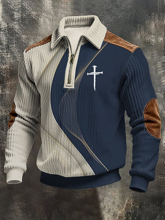 Men's vintage Faith Cross Design Print Casual Zipper Sweatshirt
