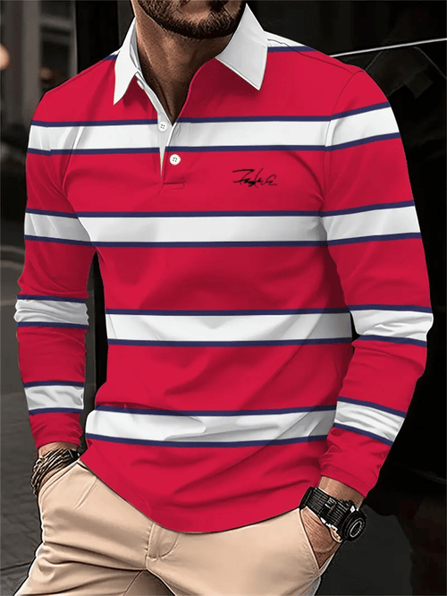 Men's Business Casual Striped Long-Sleeved Polo Shirt