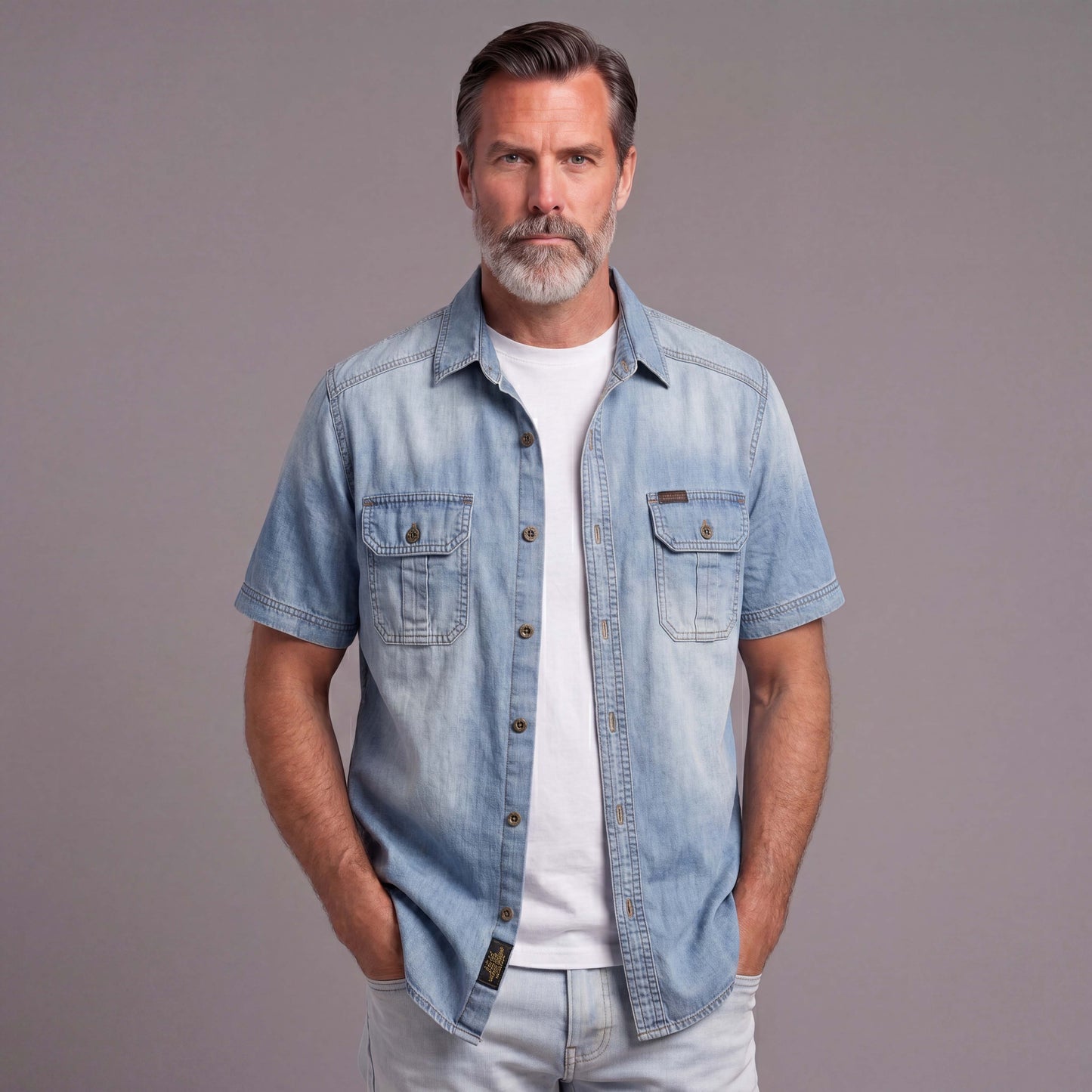 Men's Summer Short-Sleeve Denim Shirt
