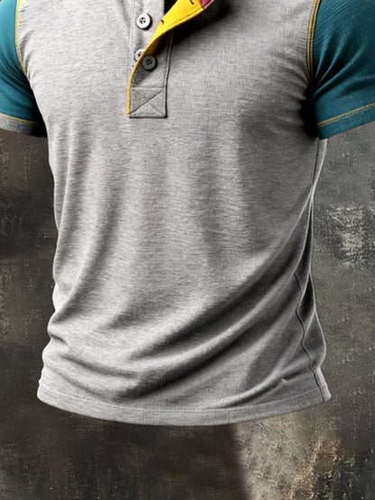 Men's Retro Patchwork Color Block Henley Collar Short-Sleeve Top