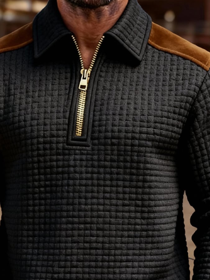 Men's Retro Color Block Print Zipper Sweatshirt