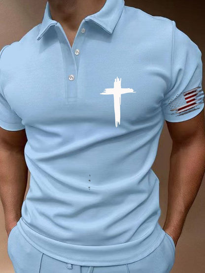Men's Flag Cross Print Button Casual Polo Shirt