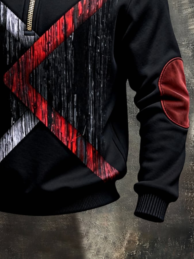 Men's Retro Color Block Print Color-Blocked Zip-Up Sweatshirt
