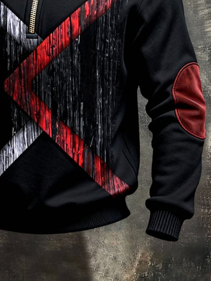 Men's Retro Color Block Print Color-Blocked Zip-Up Sweatshirt