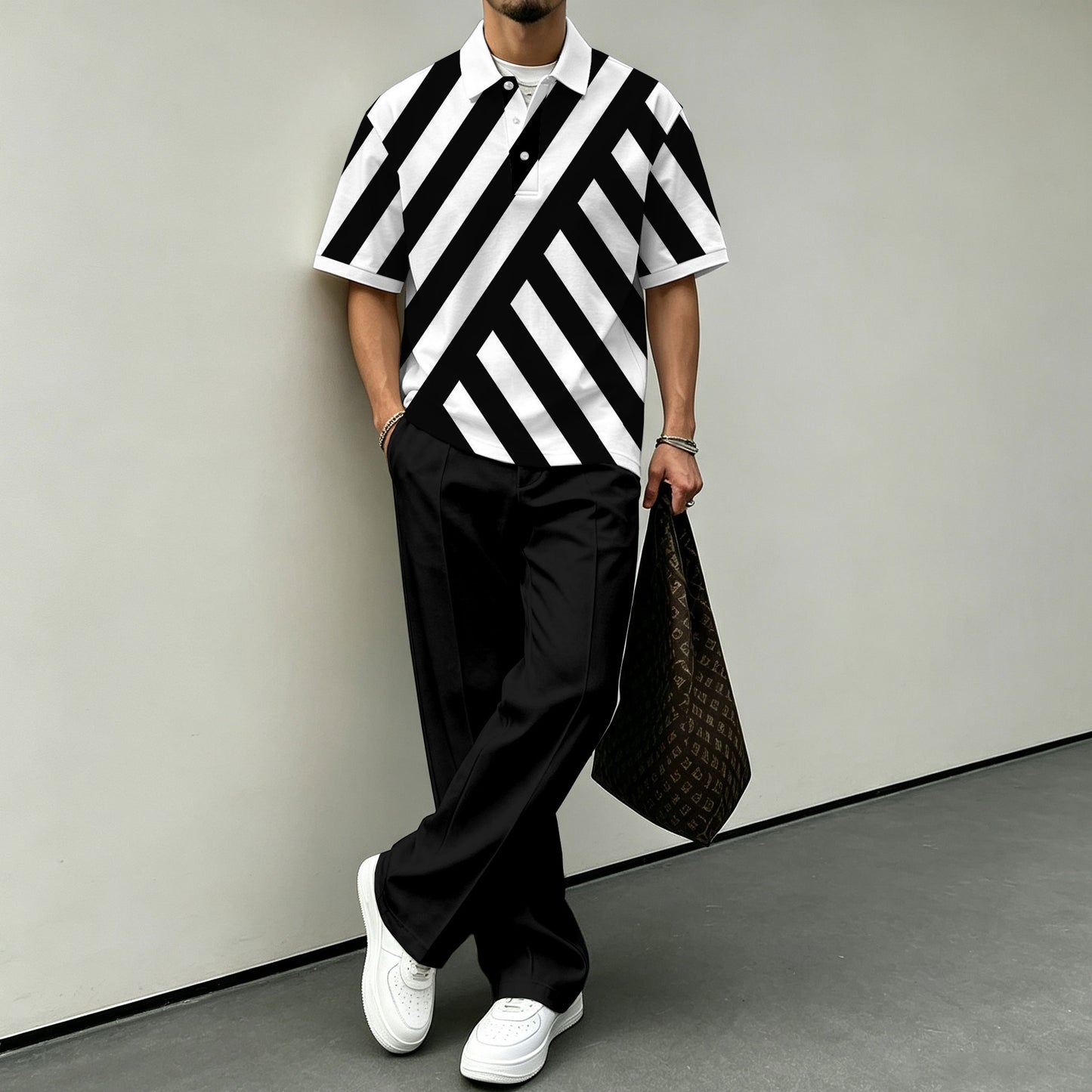 Men's Diagonal-Striped Short-Sleeve Polo Shirt and Pants Set
