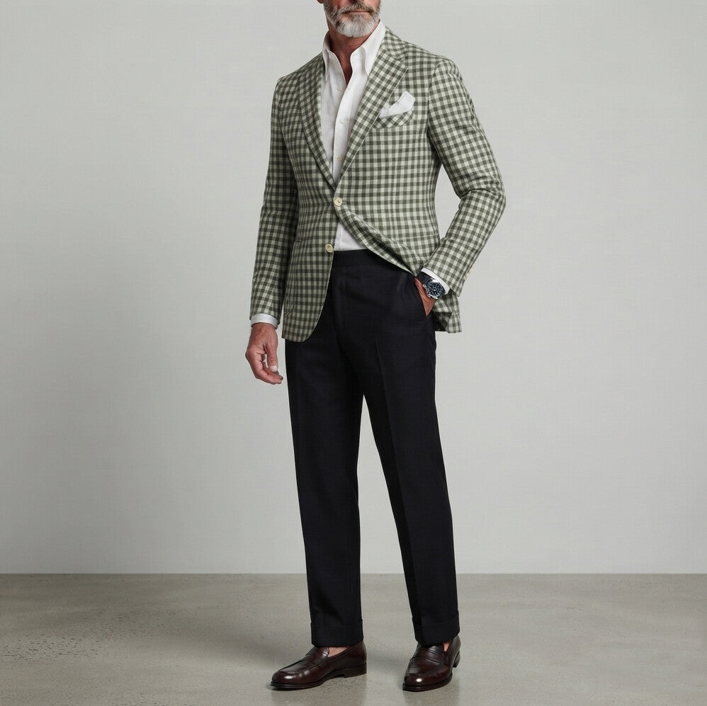Men's Classic Green Gingham Print Single Breasted Notch Lapel Slim Fit Blazer