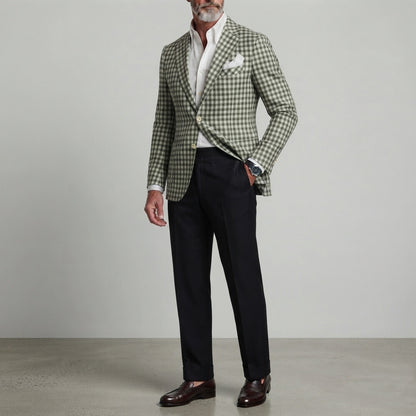Men's Classic Green Gingham Print Single Breasted Notch Lapel Slim Fit Blazer