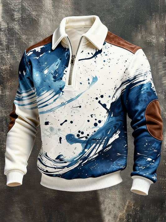 Men's Retro Color Block Print Color-Blocked Zip-Up Sweatshirt