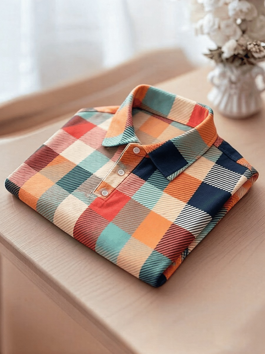 Men's Business Colorblock Plaid Print Polo Shirt