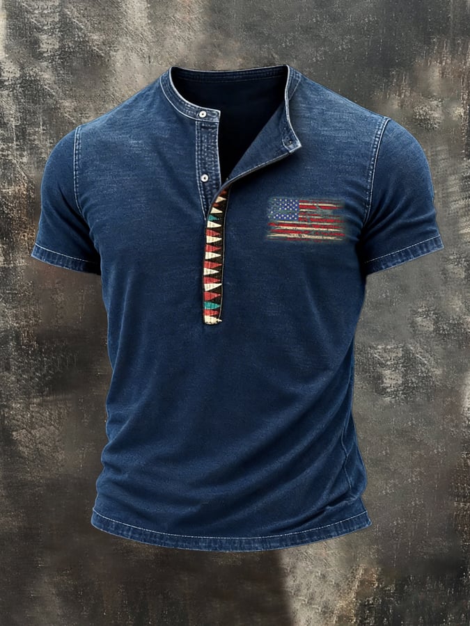 Men'S Retro Pure Cotton Washed Distressed Color-Blocked Henley Collar Short-Sleeve Top