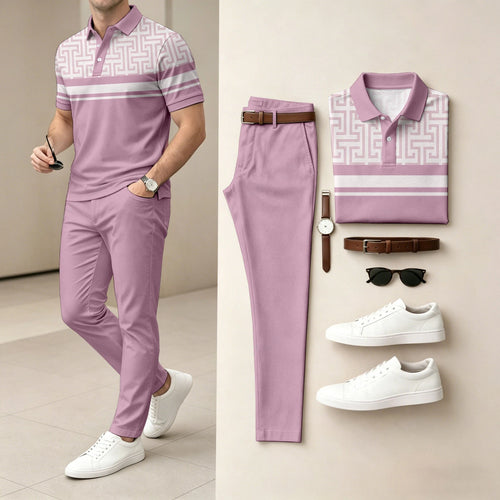 Men's Casual Maze Line Printed Polo Shirt And Pants Two-Piece Set