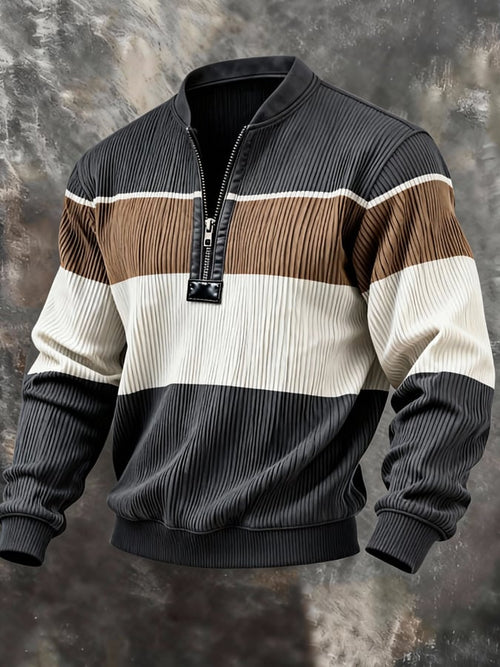 Men'S Casual Retro Contrast Color Half Zip Stand Collar Long Sleeve Sweatshirt