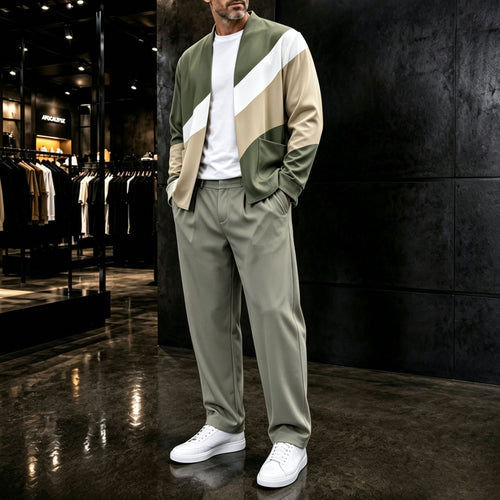 Men's Two-Piece Set: Color-Blocked Cardigan and Pants