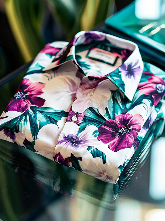 Men's Satin Luxe Hawaiian Print Short Sleeve Button Shirt