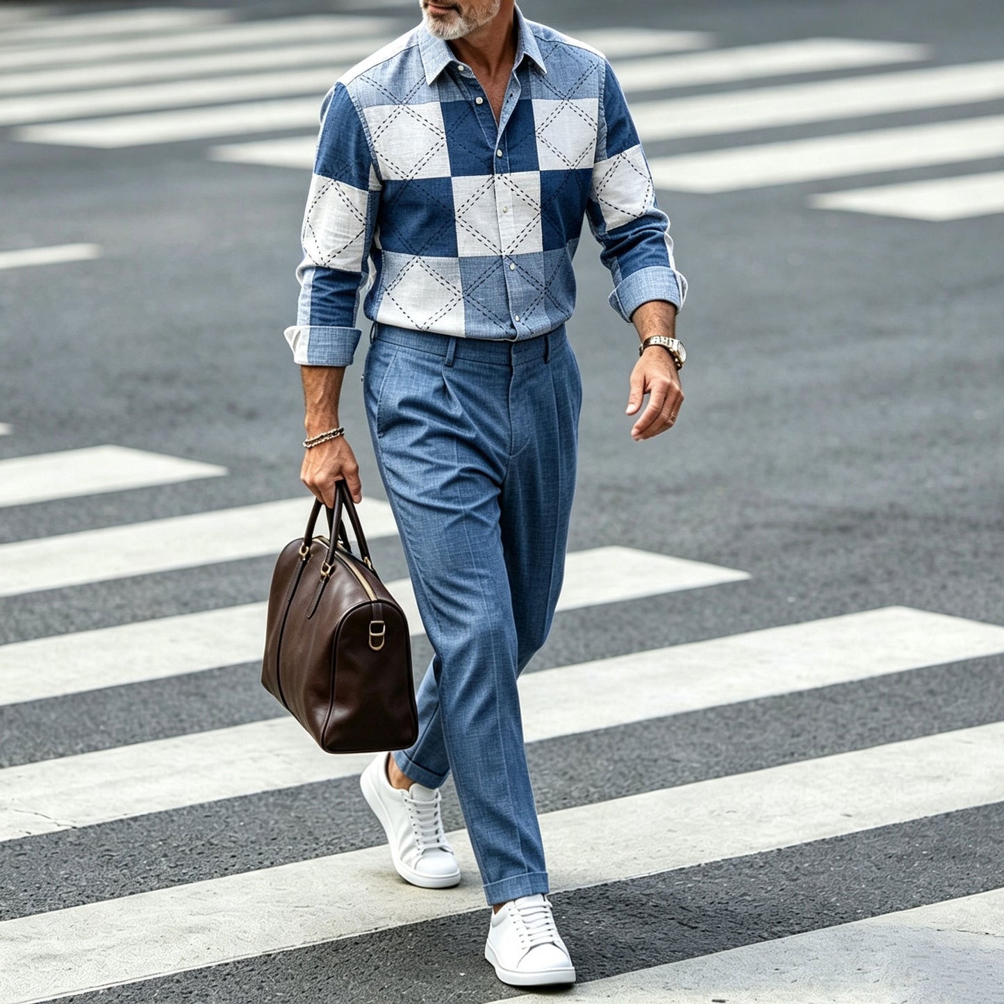 Men's Checkered Print Long-Sleeve Shirt and Pants Set with a Notched Collar