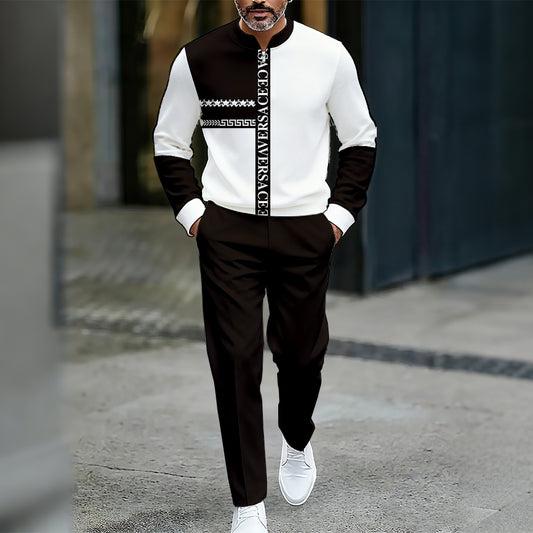 Men's Casual Color Matching Printed Round-Neck Zipper Long Sleeved Trousers Two-Piece Set