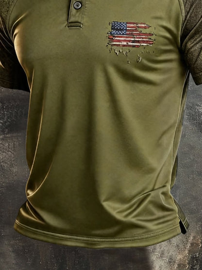 Men's Retro Patriotic Color-Block Short-Sleeve Polo Shirt
