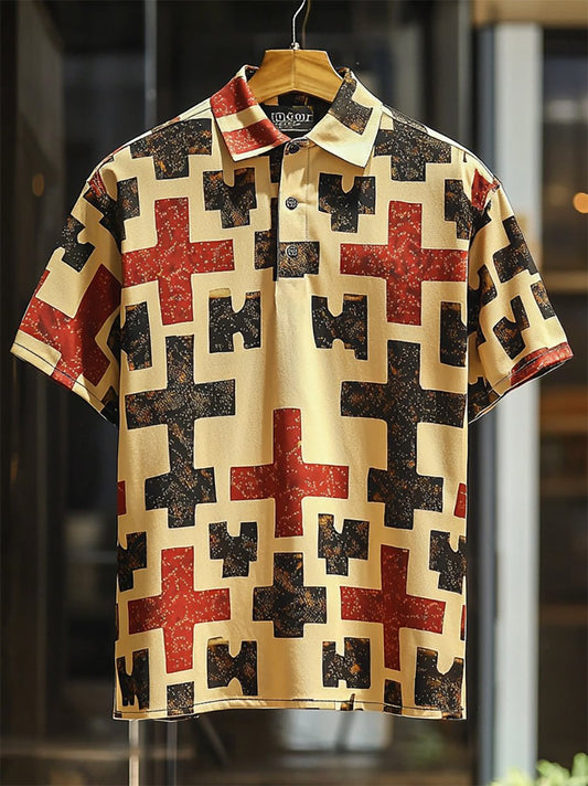 Men's Vintage Casual Cross Art Button Short Sleeve Polo Shirt