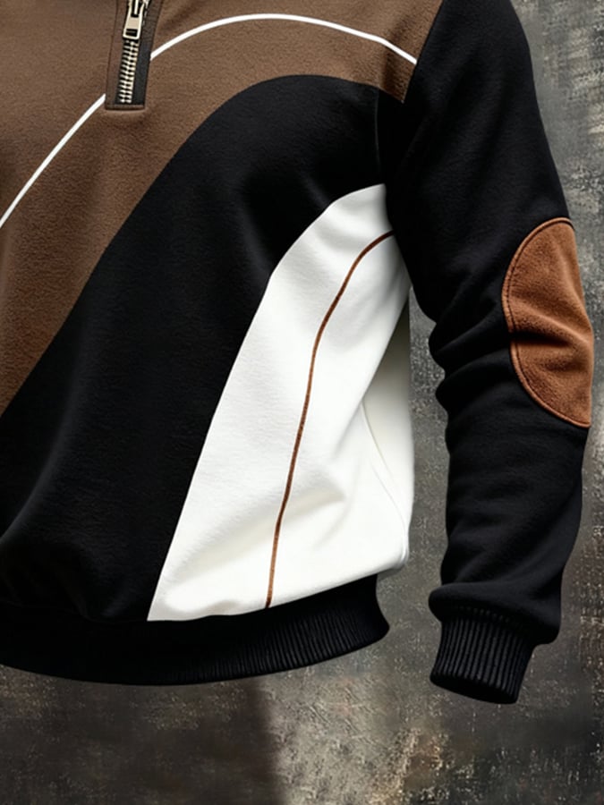 Men's Retro Color Block Print Color-Blocked Zip-Up Sweatshirt