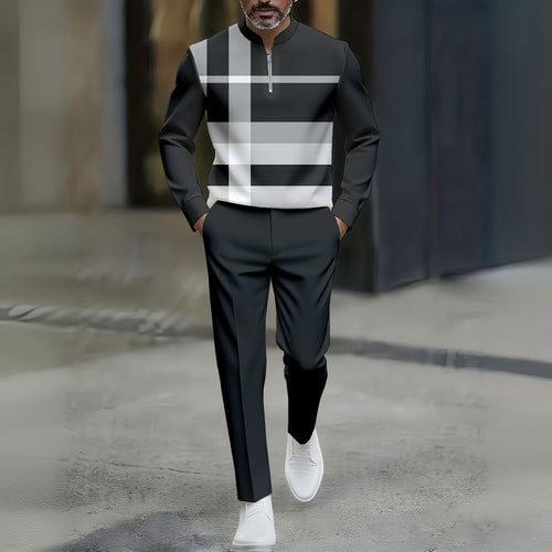 Men's Casual Checked Print Polo Collar Zipper Long-Sleeve Pants Two-Piece Set