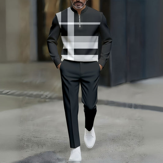 Men's Casual Checked Print Polo Collar Zipper Long-Sleeve Pants Two-Piece Set