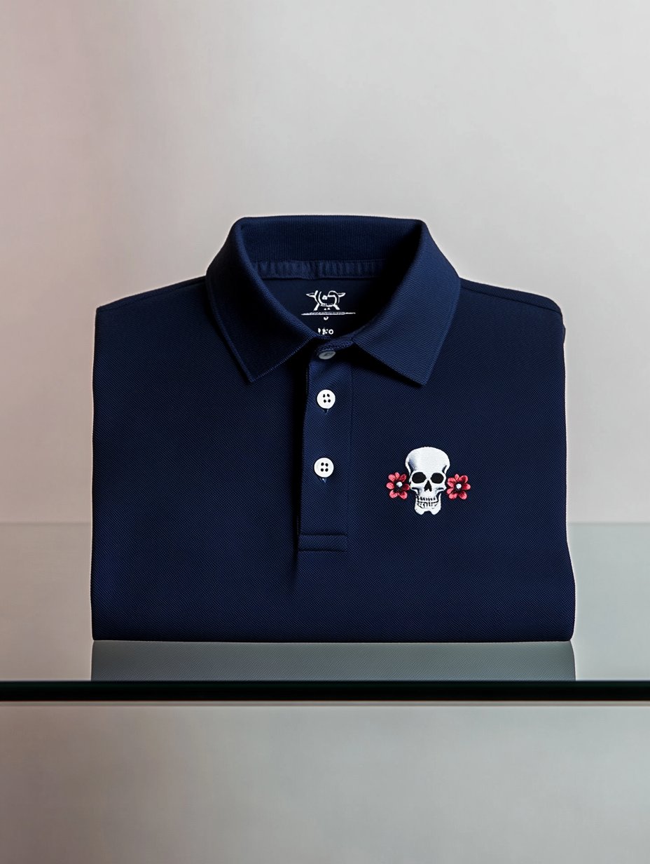Men's Business Casual Skull and Floral Embroidered Button-Down Short-Sleeved Polo Shirt