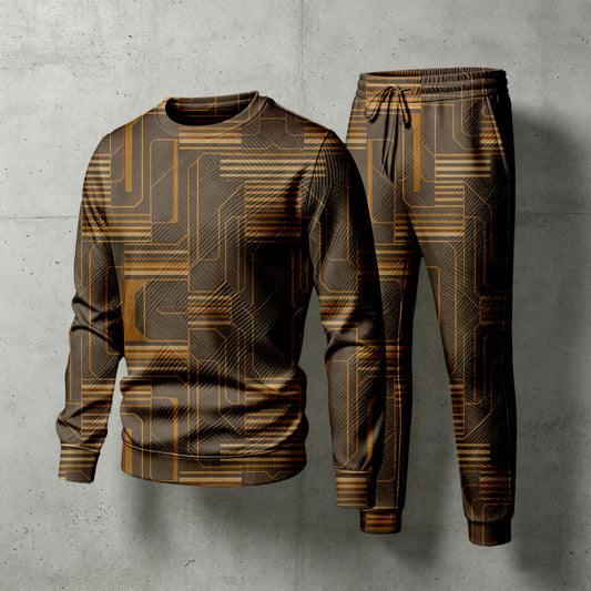 Men's Brown Crew-Neck Long-Sleeve Shirt and Pants Set