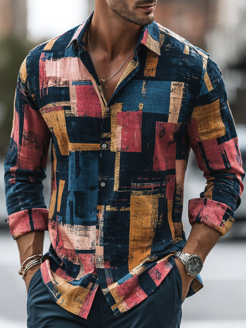 Men's Business Casual Bauhaus Geometric Print Long Sleeve Shirt