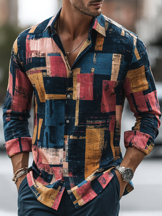 Men's Business Casual Bauhaus Geometric Print Long Sleeve Shirt