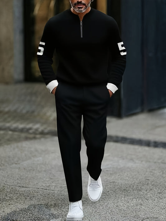 Men's Casual Color Matching Printed Round-Neck Zipper Long Sleeved Trousers Two-Piece Set