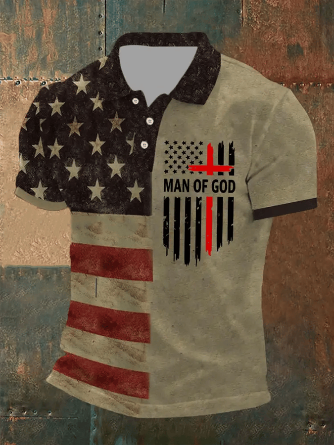 Men's Man Of God Cross America Flag Printed Short Sleeve POLO T-shirt