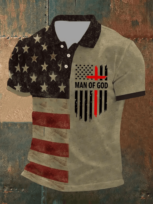 Men's Man Of God Cross America Flag Printed Short Sleeve POLO T-shirt