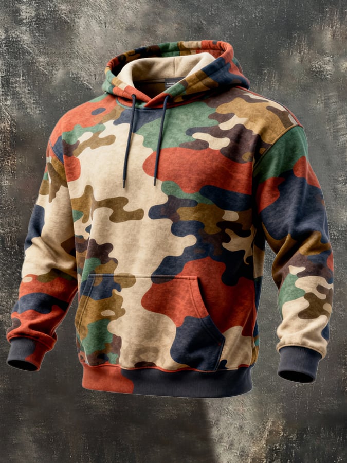 Men's Retro Distressed Color Block Print Casual Long Sleeve Sweatshirt