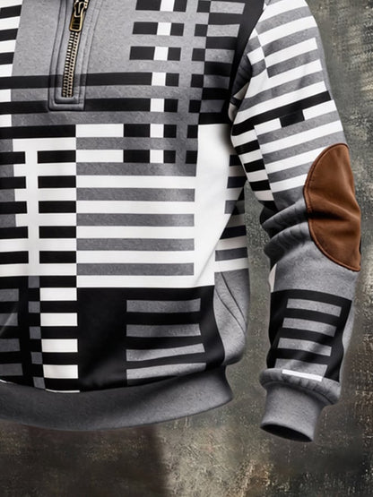 Men's Retro Color Block Print Color-Blocked Zip-Up Sweatshirt
