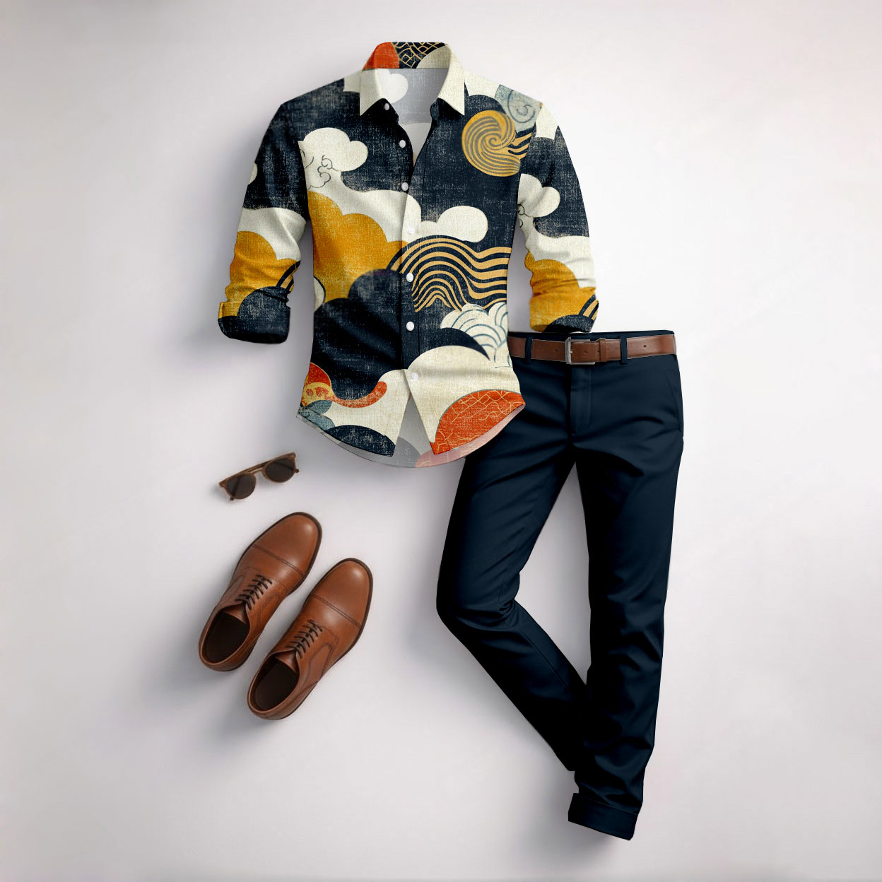 Men's Casual Green Waves Color Matching Geometric Printed Long Sleeved Shirt & Trousers Two-Piece Set
