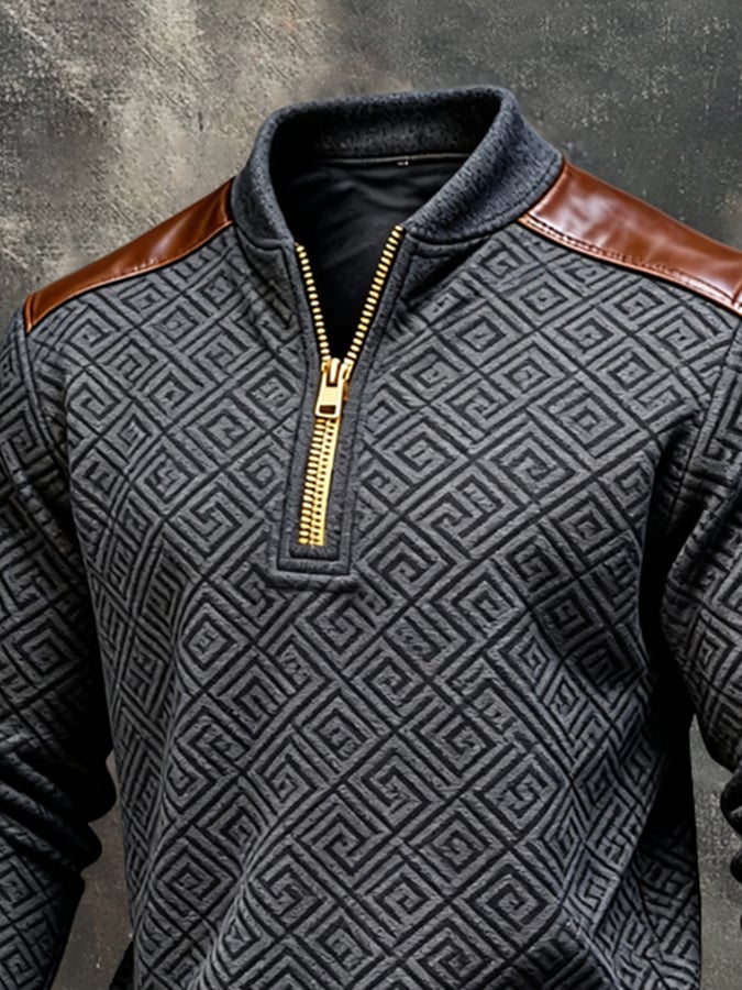 Men'S Vintage-Style Textured Patchwork Color-Block Long-Sleeved Sweatshirt