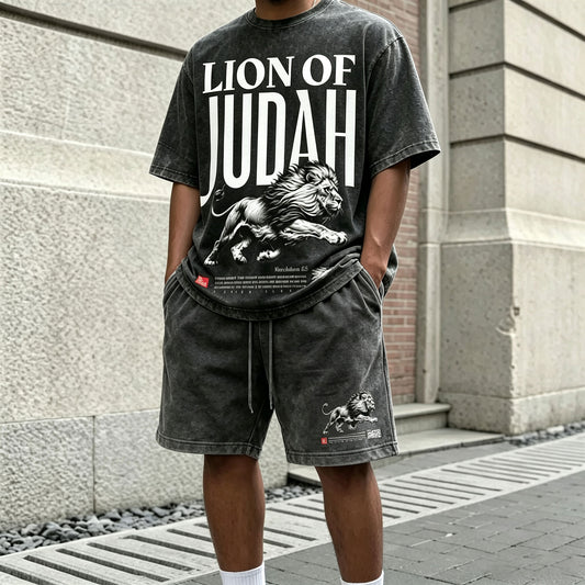 Men's Casual Letter-Printed Lion-Patterned Round-Neck Short-Sleeve T-Shirt and Shorts Two-Piece Set