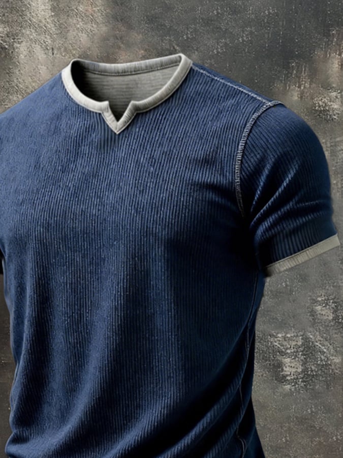 Men's Retro Distressed Patchwork Color Block V-Neck Short-Sleeve Top