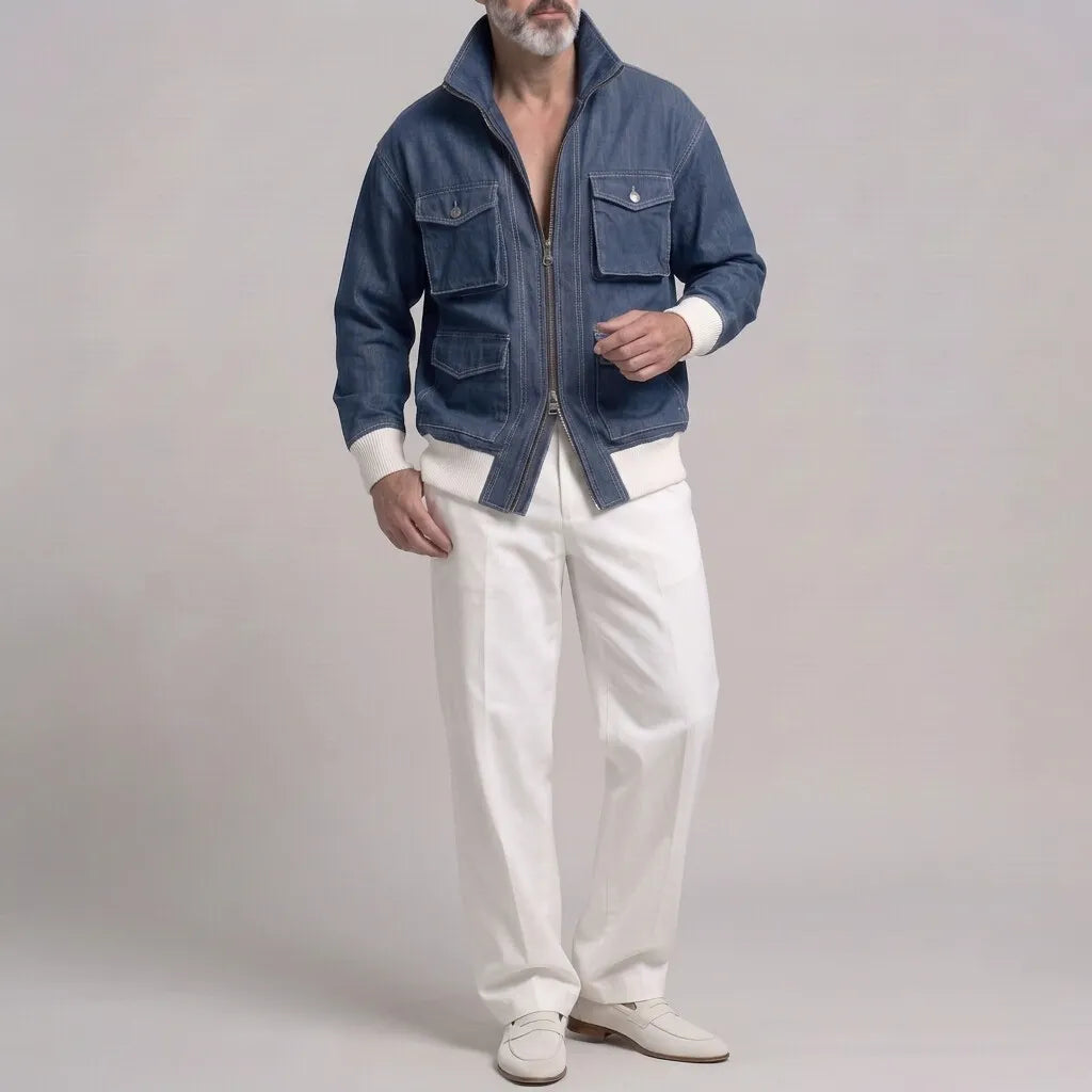 Men's Casual Solid Color Multi-Pocket Ribbed Hem Zip-Up Denim Jacket