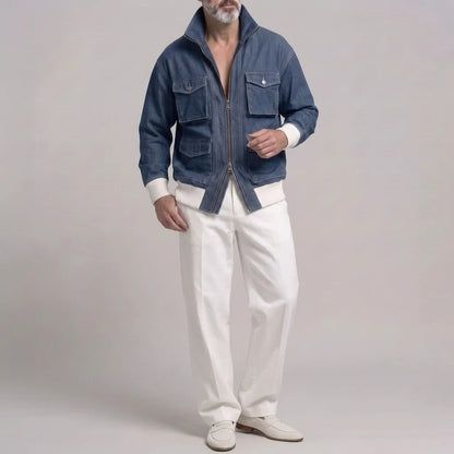 Men's Casual Solid Color Multi-Pocket Ribbed Hem Zip-Up Denim Jacket