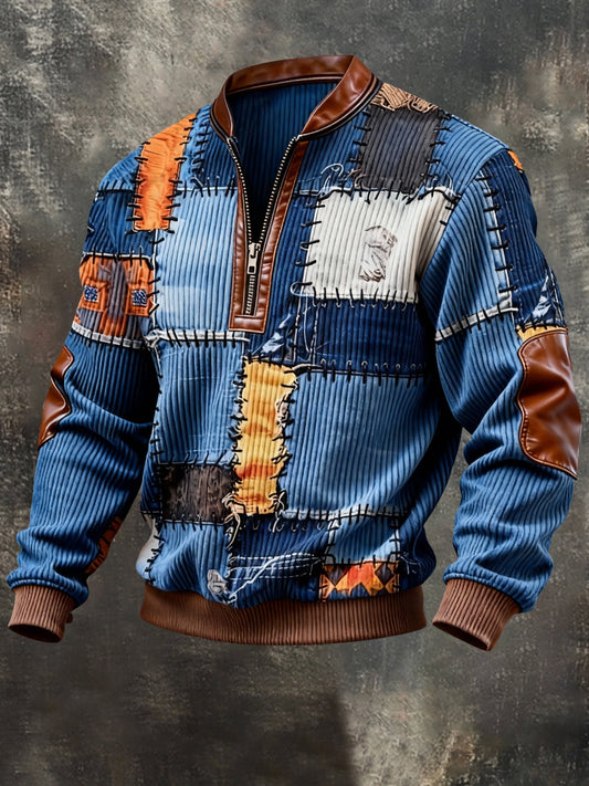 Men's Vintage Color-Block Printed Zip-Up Hoodie