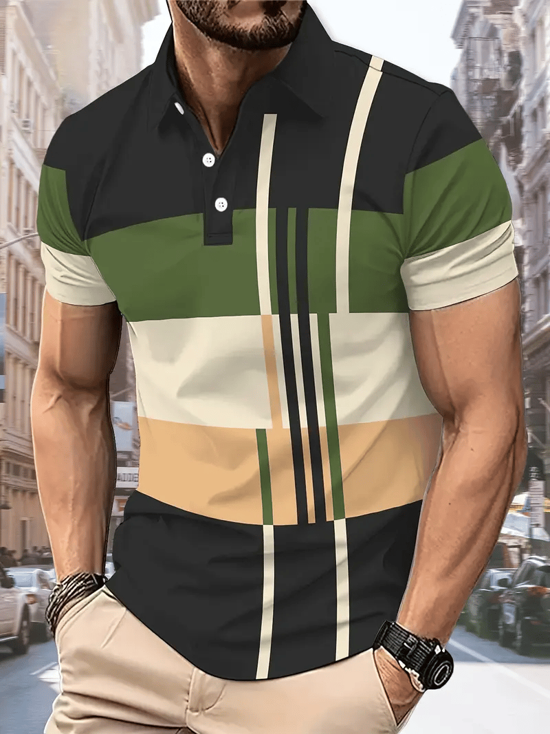 Men's Business Stripe Lettering Button-Down Polo Shirt