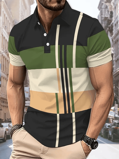 Men's Business Stripe Lettering Button-Down Polo Shirt