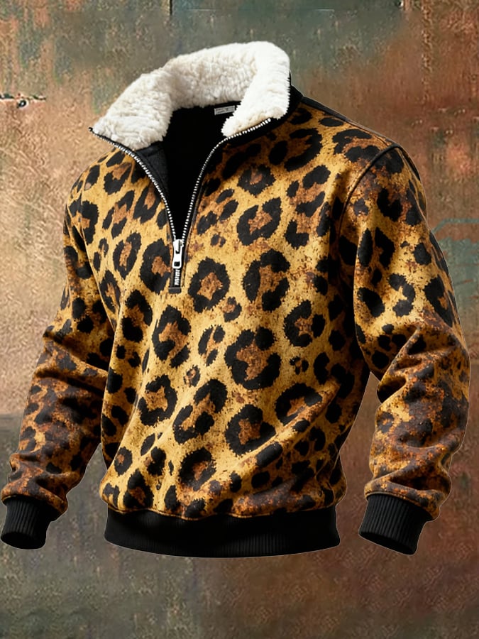 Men's Retro Leopard Print Casual Fur Collar Sweatshirt