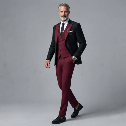 Men's Business Contrast Peak Lapel Blazer & Asymmetric Button Shawl Lapel Vest & Pants 3Pcs Suit