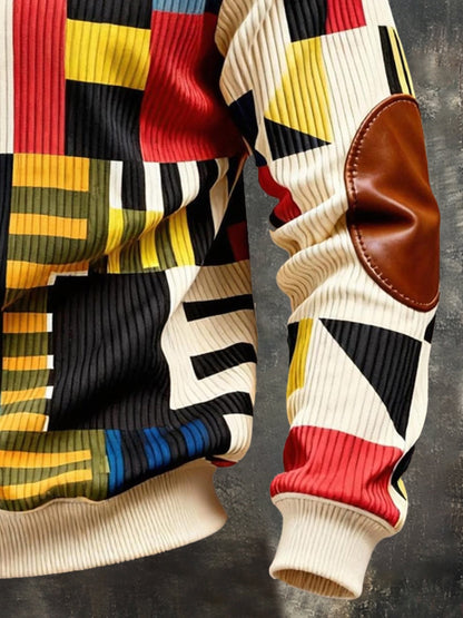 Men's Vintage Color-Block Printed Zip-Up Hoodie