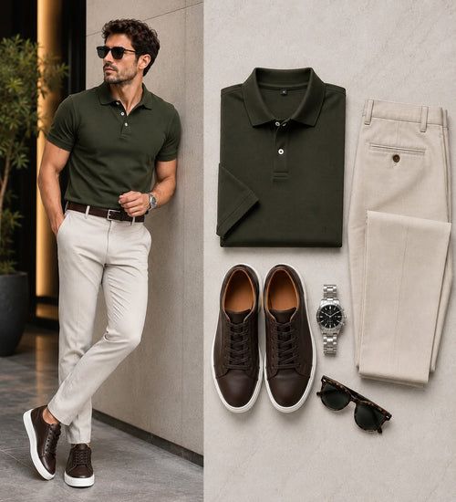 Men's Casual Drak Green Color Polo Shirt & Pants Two-Piece Set