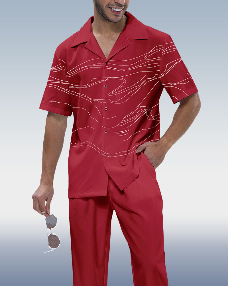 Rianmond Men's Red Art Print Short Sleeve Walking Suit