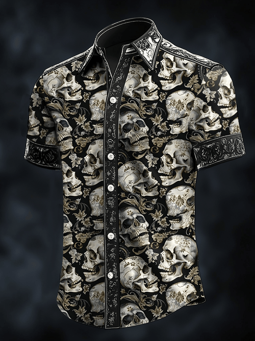 Men's Dark Skull Print Satin Short Sleeve Shirt