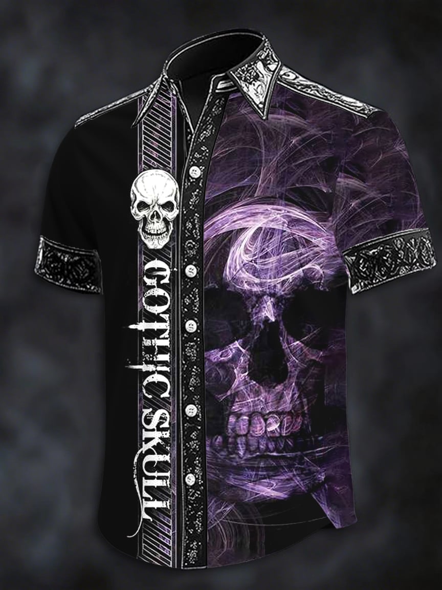 Men's Dark Skull Print Casual Short Sleeve Shirt